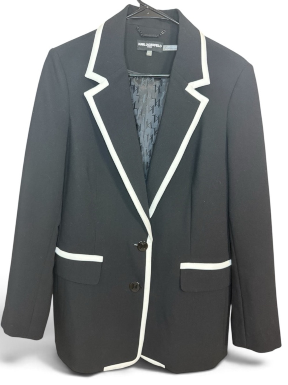 Karl Lagerfeld Paris Piped Classic Blazer Black Contrasting White Trim Womens 10